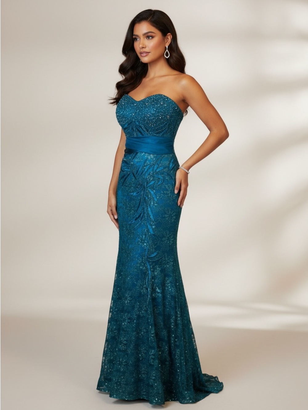Vintage Aspeed Strapless Teal Sequin Evening Gown